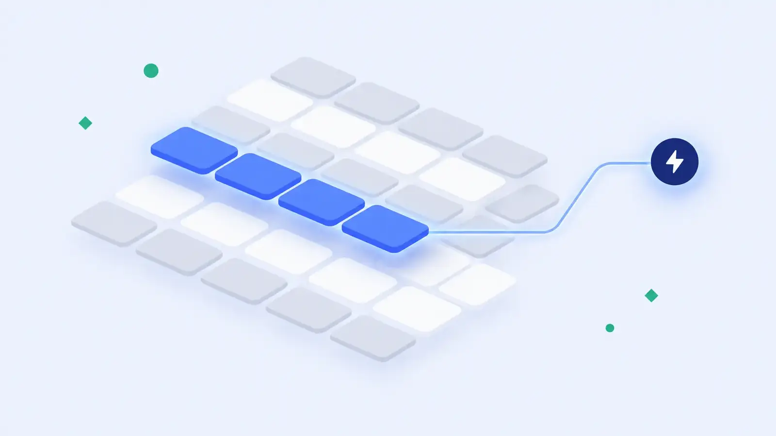 Illustration of a database grid with one highlighted record sending a signal to an automation trigger