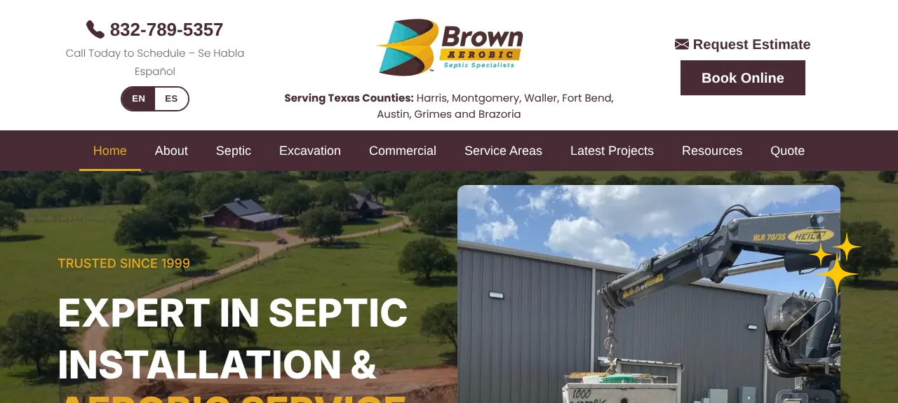 Current home page: logo, tap-to-call number, English and Spanish switch, Request Estimate and Book Online buttons, and the seven Texas counties served.