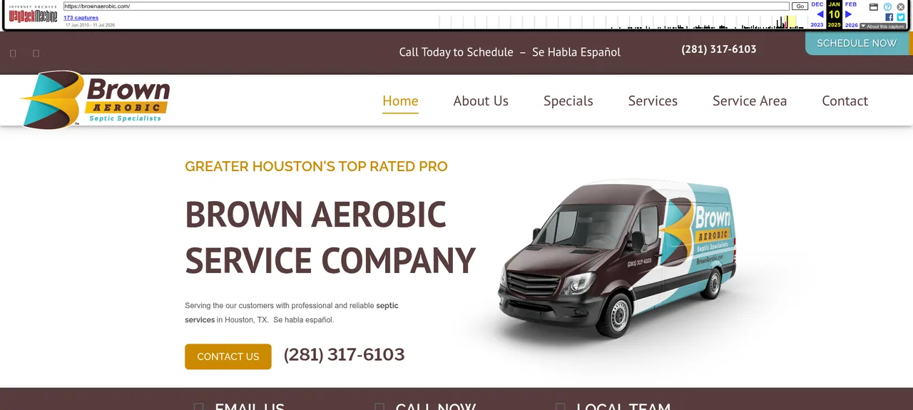 Archived home page from 10 January 2025: a WordPress site headed Brown Aerobic Service Company with a phone number, a Schedule now button and a van photo.