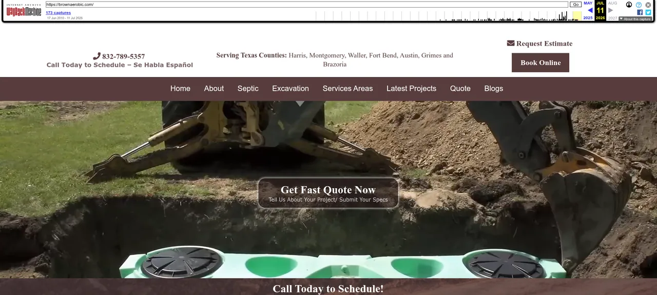 Archived home page from 11 July 2026: a header listing seven Texas counties, a Book Online button and a photo of excavation equipment at a tank install.