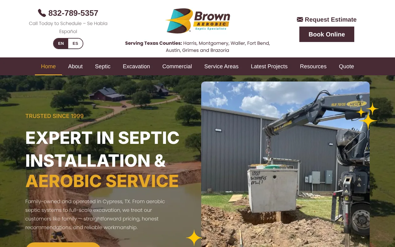 Current Brown Aerobic home page on a desktop screen with the headline Expert in septic installation and aerobic service and a tank being lowered by a crane.