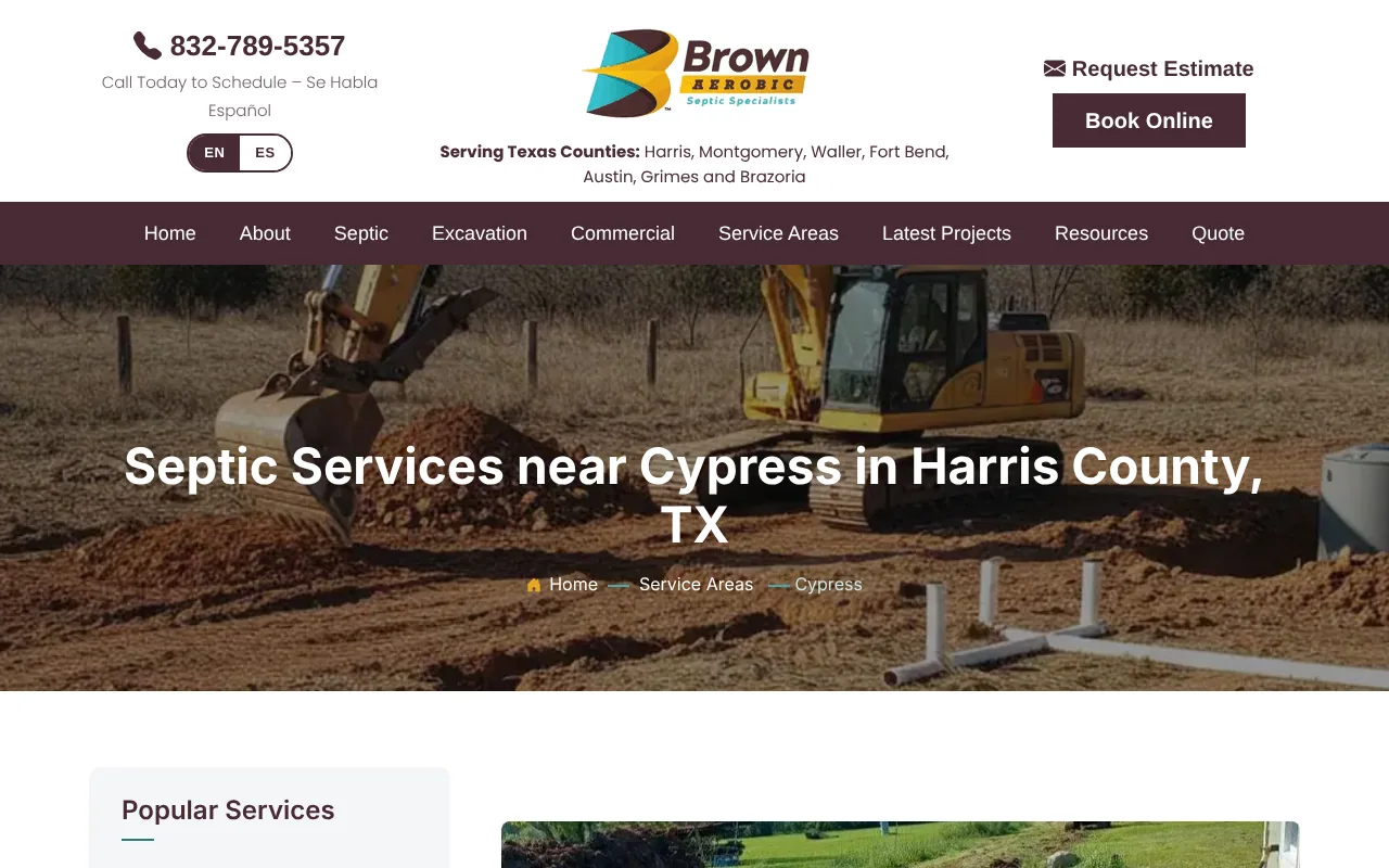 A location page on the current site, Septic Pumping and Service in Cypress, on a desktop screen.