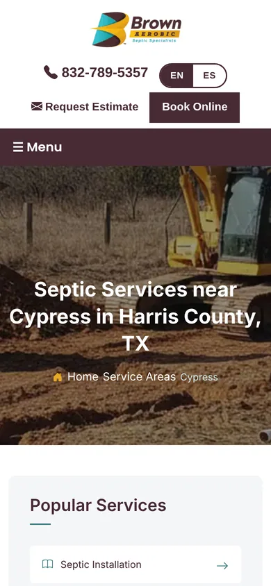 A location page on the current site, Septic Services near Cypress in Harris County, shown on a phone.
