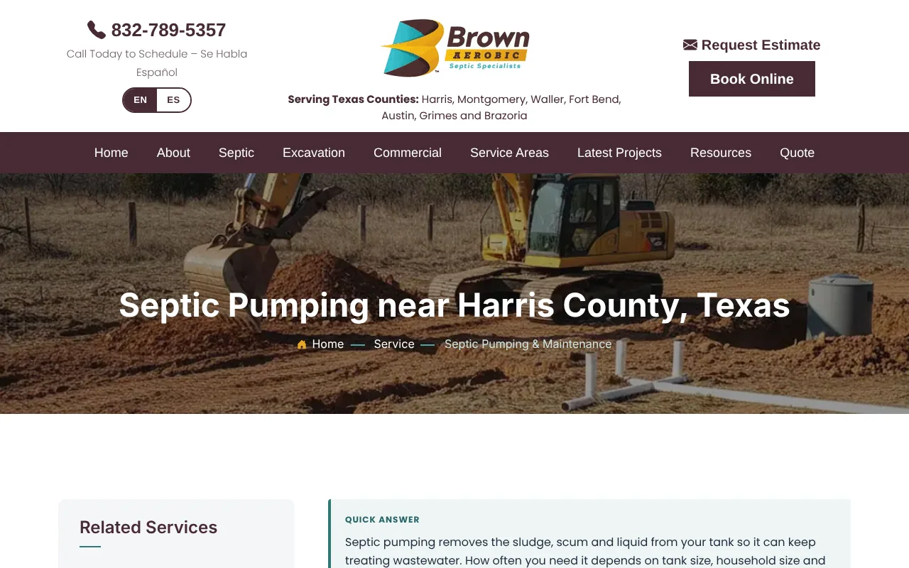 A service page on the current site, Septic Tank Pumping in Houston and Cypress, on a desktop screen.