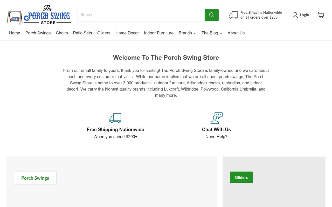 The old Porch Swing Store home page on a desktop screen, with a welcome paragraph, a search box and a menu