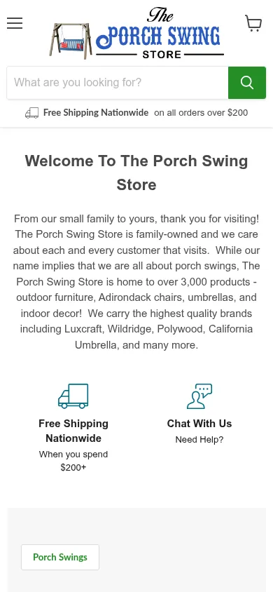 The old Porch Swing Store home page on a phone screen, with a welcome paragraph and a search box