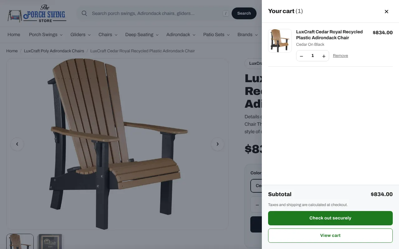 The cart drawer open on the product page on a desktop screen, listing one chair with a Check out securely button