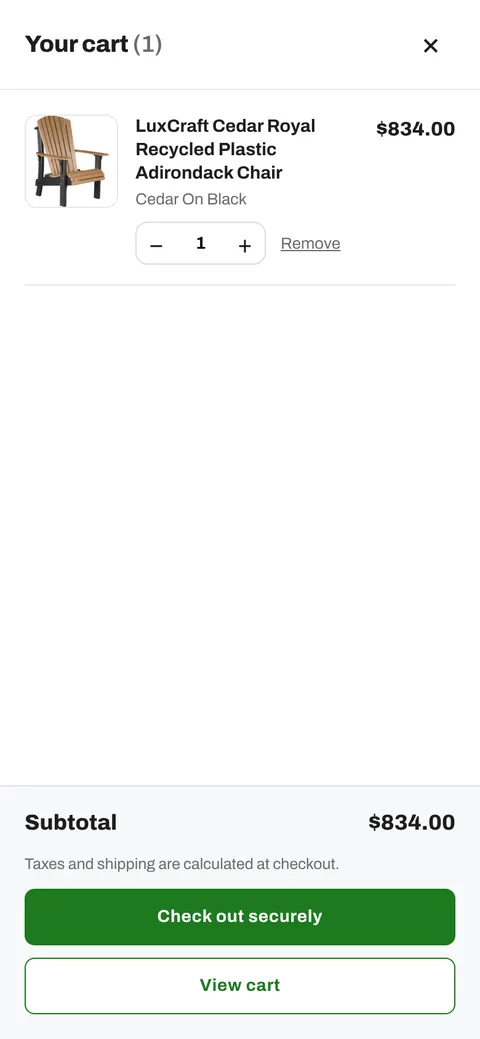 The cart drawer open on a phone screen with one item and a checkout button