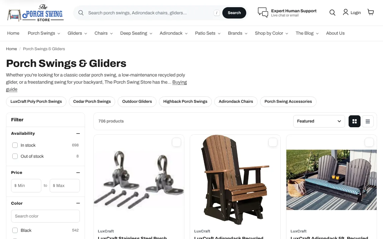 A Porch Swings and Gliders collection page on a desktop screen, showing product cards in a grid