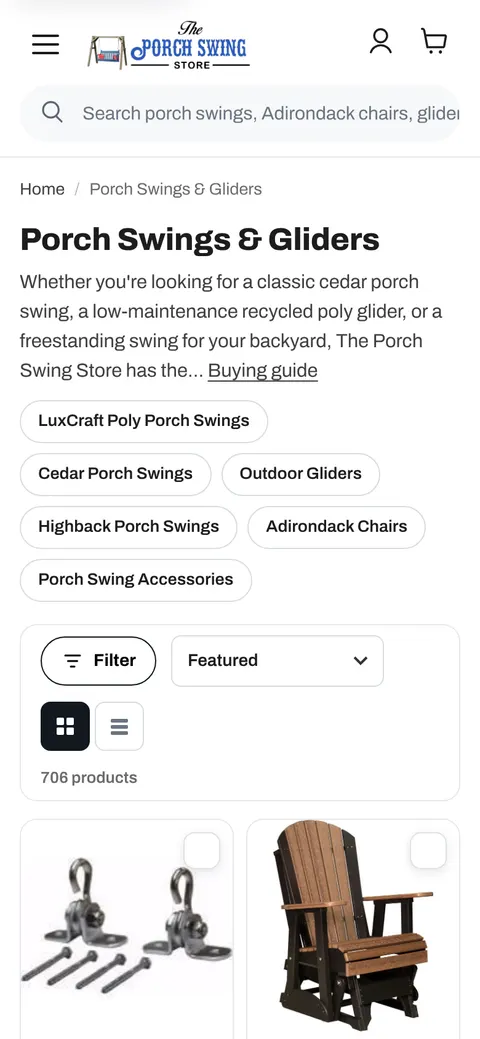 A porch swings collection page on a phone screen