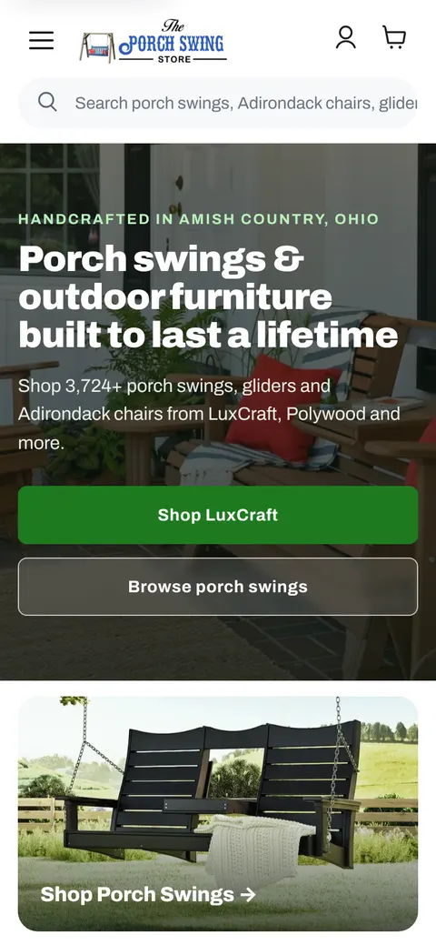 The Porch Swing Store home page on a phone screen