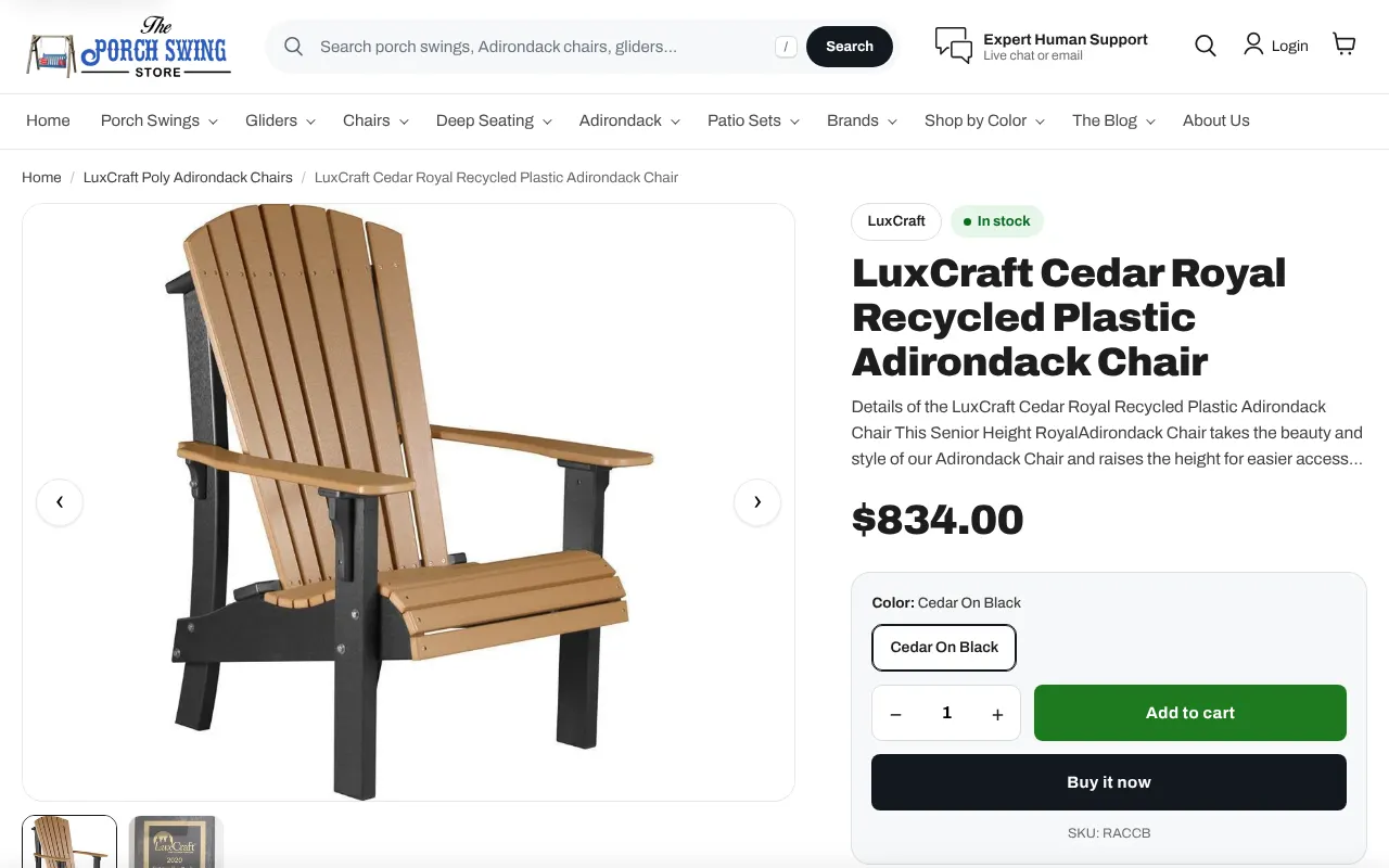 A product page for a recycled plastic Adirondack chair on a desktop screen, with a photo gallery and the product title