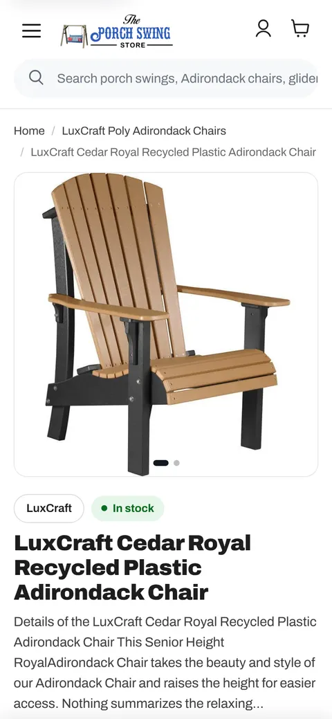 A product page for an Adirondack chair on a phone screen, with the photo and an In stock label